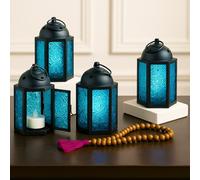 Mini Farol marroquí de Metal pequeño de 4,5 Pulgadas, portavelas Decorativo para centros de Mesa, decoración Interior del hogar, Patio al Aire Libre, Bodas, Azul, Juego de 4