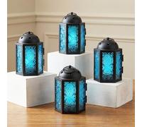Mini Farol marroquí de Metal pequeño de 4,5 Pulgadas, portavelas Decorativo para centros de Mesa, decoración Interior del hogar, Patio al Aire Libre, Bodas, Azul, Juego de 4