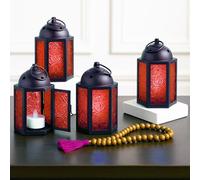 Mini Farol marroquí de Metal pequeño de 4,5 Pulgadas, portavelas Decorativo para centros de Mesa, decoración Interior del hogar, Patio al Aire Libre, Bodas, Rojo, Juego de 4
