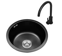 Mini fregadero de cocina redondo de acero inoxidable 304 negro con grifo y accesorios, 32 x 32 x 19 cm, perfecto para espacios pequeños, diseño moderno, ideal para cocinas y bares