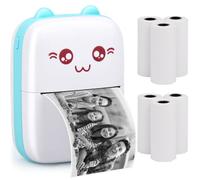 Mini impresora portátil térmica inalámbrica, Bluetooth, 6 rollos de papel para teléfono Android, iOS, sin tinta, regalo para etiquetas, recibos, fotos, notas, estudio, oficina en casa, azul