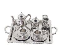 Mini juego de té, juego de té en miniatura de metal 1/12, patrón vintage, kit de bandeja decorativa para casa de muñecas, adorno de casa de muñecas, miniatura plateada
