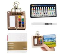 Mini juego de viaje de acuarela, paleta de madera portátil, caja de pintura, acuarela de viaje, cuaderno de bocetos, paleta de bocetos, juego de 8 cuadrículas, mini caja de acuarela, con papel de
