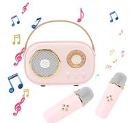 Mini Karaoke Machine For Kids & Adults, Bluetooth Speaker with Wireless Microphone, Toys For Girls Boys Gifts,Retro Speaker Set Stereo Sound Enhanced Bass For Home Party Birthday (Pink 2 Mic)