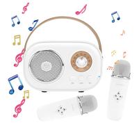 Mini Karaoke Machine For Kids & Adults, Bluetooth Speaker with Wireless Microphone, Toys For Girls Boys Gifts,Retro Speaker Set Stereo Sound Enhanced Bass For Home Party Birthday (White 2 Mic)