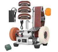 Mini lijadora de banda eléctrica, amoladora pulidora de 7 velocidades ajustables, máquina lijadora con afilador de cuchillos con correas de 30 piezas para trabajos de metal y manualidades