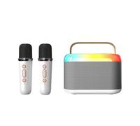 Mini máquina de karaoke, altavoz Bluetooth portátil, máquina de karaoke para niñas y niños con 2 micrófonos, luz de ambiente de vidrio colorida, resistencia de 10 horas, adecuada para escritorio, al