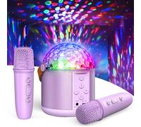 Mini máquina de karaoke con luces LED de discoteca para niños y adultos, micrófono de karaoke Bluetooth con altavoz de canto con 2 micrófonos inalámbricos y luz para todos los teléfonos inteligentes