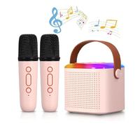Mini máquina de karaoke, máquina de karaoke portátil Bluetooth con micrófono inalámbrico para niños y adultos, efectos de cambio de voz y luces LED para regalos de cumpleaños, fiesta en casa (rosa, 2