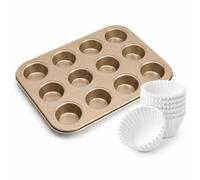 Mini Molde Para Muffins De 12 Tazas Con Paquete De 400 Revestimientos De Papel Desechables Blancos, Bandeja Para Hornear Magdalenas De Acero Al Carbono Antiadherente (Oro)