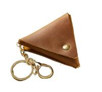 Mini monedero para hombres y mujeres, bolso organizador de monedas de cuero real triangular con botón, llavero pequeño de cuero vacuno vintage genuino, Brown, Bolsa para monedas