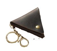 Mini monedero para hombres y mujeres, bolso organizador de monedas de cuero real triangular con botón, llavero pequeño de cuero vacuno vintage genuino, café, Bolsa para monedas