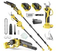 Mini motosierra de 8 pulgadas con barra telescópica y batería eléctrica tijeras de podar 4 en 1, juego de herramientas de jardín con batería de 2 × 4,0 Ah, motor sin cables, barra de extensión de