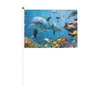 Mini Ocean Dolphin Looking At You - Banderas de mano impresas de 14 x 20,8 | 100% poliéster resistente al desgarro, color vivo que no se decolora, paquetes de 6/10, poste reutilizable de 30 cm para