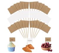Mini palillos de dientes, 100 unidades, color blanco y 200 banderas de papel kraft para escribir, carteles para escribir para cupcakes, fiestas, pasteles, alimentos, queso