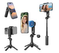 Mini palo selfie magnético para iPhone, trípode portátil 4 en 1 de tamaño de bolsillo para iPhone MagSafe/Android con soportes remotos/zapata fría, soporte de trípode para teléfono celular pequeño