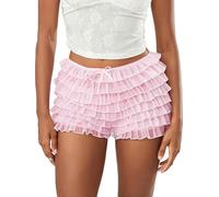 Mini pantalón corto bloomer de encaje con volantes multicapa para mujer con lazo en la parte delantera, cintura baja elástica con volantes Lolita Floral Shorts, B-rosa., S