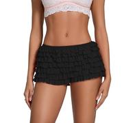 Mini pantalón corto bloomer de encaje con volantes multicapa para mujer con lazo en la parte delantera, cintura baja elástica con volantes Lolita Floral Shorts, A-negro., M