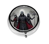 Mini pastillero de metal redondo de 2 x 2 x 0.7 pulgadas, organizador de píldoras de medicina de viaje para bolso, bolsillo, impresiones de la muerte