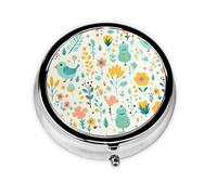 Mini pastillero redondo con impresión de pájaros y plantas WZYWHJ pequeño y portátil con particiones para almacenamiento de medicamentos para viajes y uso diario