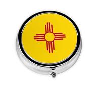 Mini pastillero redondo de la bandera de Nuevo México, ligero y portátil, con 3 insertos de plástico, adecuado para llevar en bolsillos o carteras.