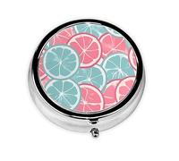 Mini pastillero redondo en rodajas de cítricos rosa y azul, 3 compartimentos, se puede poner en cartera, bolsillo, ligero y práctico