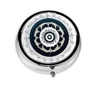 Mini pastillero redondo redondo blanco y negro, ligero y portátil, con 3 insertos de plástico, adecuado para llevar en bolsillos o carteras.