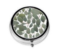 Mini pastillero redondo WZYWHJ con hojas de eucalipto, pequeño y portátil, con particiones para almacenamiento de medicamentos para viajes y uso diario