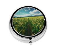 Mini pastillero redondo WZYWHJ con impresión de campos de trigo verde exuberante pequeño y portátil con particiones para almacenamiento de medicamentos para viajes y uso diario