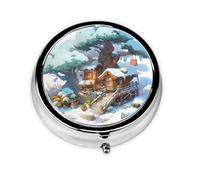 Mini pastillero redondo WZYWHJ Snow House junto al abeto impresión pequeño y portátil con particiones para almacenamiento de medicamentos para viajes y uso diario