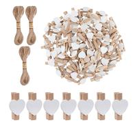 Mini Pinzas de Madera Pequeñas, 100 Piezas Clips de Colores, 3.5 cm Mini Clip, Pinzas Decorativas Pequeñas Corazón Con 30 m de Cuerda de Yute para Fotos, Tarjetas (Blanco)