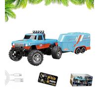 Mini RC Monster Truck with Trailer, 1:64 Scale Remote Control Car with Lights, 2.4ghz Remote Control Car Rechargeable, Alloy Semi Truck, Speed Adjustable (Orange BLU)