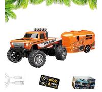 Mini RC Monster Truck with Trailer, 1:64 Scale Remote Control Car with Lights, 2.4ghz Remote Control Car Rechargeable, Alloy Semi Truck, Speed Adjustable (Orange)