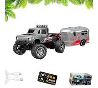 Mini RC Monster Truck with Trailer, 1:64 Scale Remote Control Car with Lights, 2.4ghz Remote Control Car Rechargeable, Alloy Semi Truck, Speed Adjustable (Black)
