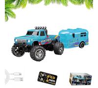 Mini RC Monster Truck with Trailer, 1:64 Scale Remote Control Car with Lights, 2.4ghz Remote Control Car Rechargeable, Alloy Semi Truck, Speed Adjustable (Blue)