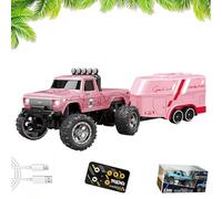 Mini RC Monster Truck with Trailer, 1:64 Scale Remote Control Car with Lights, 2.4ghz Remote Control Car Rechargeable, Alloy Semi Truck, Speed Adjustable (Pink)