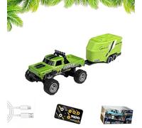 Mini RC Monster Truck with Trailer, 1:64 Scale Remote Control Car with Lights, 2.4ghz Remote Control Car Rechargeable, Alloy Semi Truck, Speed Adjustable (Olive Green)