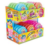 Mini Roll + Tattoo sabor manzana verde, fresa, sandía y arándano. Contenedor de colores práctico y de bolsillo ideal para fiestas de cumpleaños y caramelos. Caja de 30 unidades