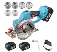 Mini sierra circular a batería, sierra circular eléctrica portátil sin escobillas de 21 V con 2 baterías de 3,0 Ah y 6 cuchillas para cortar azulejos, metal y madera (A)