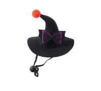 Mini sombrero de bruja de Halloween con detalle de lazo o calavera y cordón | Un sombrero de bruja en miniatura negro con un pompón naranja, cordón de barbilla y varios motivos decorativos en todas las