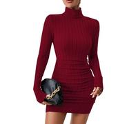 Mini Vestido Acanalado de Mujer con Cuello Alto y Manga Larga, Vestido de Punto Ajustado for Otoño, Club y Cóctel(Wine Red,L)