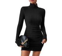 Mini Vestido Acanalado de Mujer con Cuello Alto y Manga Larga, Vestido de Punto Ajustado for Otoño, Club y Cóctel(Black,L)