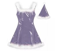 Mini vestido brillante de Papá Noel para mujer, con diseño de plumas, sin mangas, de PVC, sexy, uniforme de Navidad, con sombrero, morado profundo, XXXL