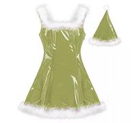 Mini vestido brillante de Papá Noel para mujer, con diseño de plumas, sin mangas, de PVC, sexy, uniforme de Navidad, con sombrero, verde fruta, M