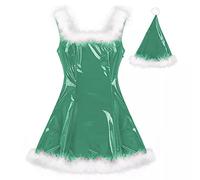 Mini vestido brillante de Papá Noel para mujer, con diseño de plumas, sin mangas, de PVC, sexy, uniforme de Navidad, con sombrero, verde pavo real, XL