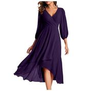 Mini vestido de gasa para mujer, vestido de primavera con cuello en V, manga larga, plisado, acampanado, longitud midi para invitadas de boda, vestido de hombros descubiertos, línea A, morado, M