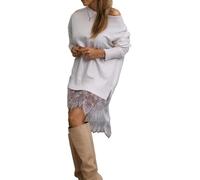 Mini vestido de patchwork de encaje para mujer, dobladillo asimétrico, hendidura de manga larga, vestidos de sudadera, elegante y casual camiseta vestido corto, Blanco, XXXL