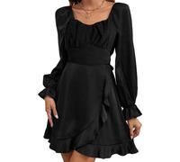 Mini Vestido Mujer Casual de Manga Larga Vestido Mujer Elegante Suelto y de Color Sólido Cortos Vestido de Cintura Alta de Otoño e Invierno Vestidos de Fiesta.(Negro S)