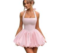 Mini Vestido Plisado con Cuello Halter for Mujer, Top de Tubo sin Mangas Espalda Descubierta, Vestidos Fiesta Lisos, Bata Noche para Boda, Cóctel, Noche(Pink,S)