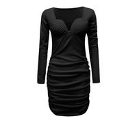Mini Vestido Sexy de Manga Larga con Cuello en V y Plisado Negro para Mujer Vestido de cóctel Elegante Retro para Mujer-Negro-L